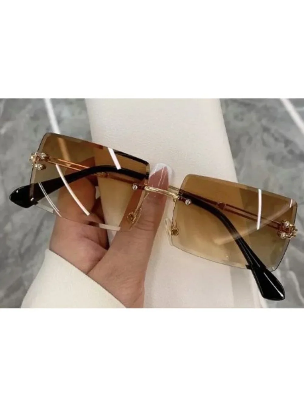 Rimless Rectangle Sunglasses Tea Brown Lenses Gold Tone Frame Y2K Retro Unisex